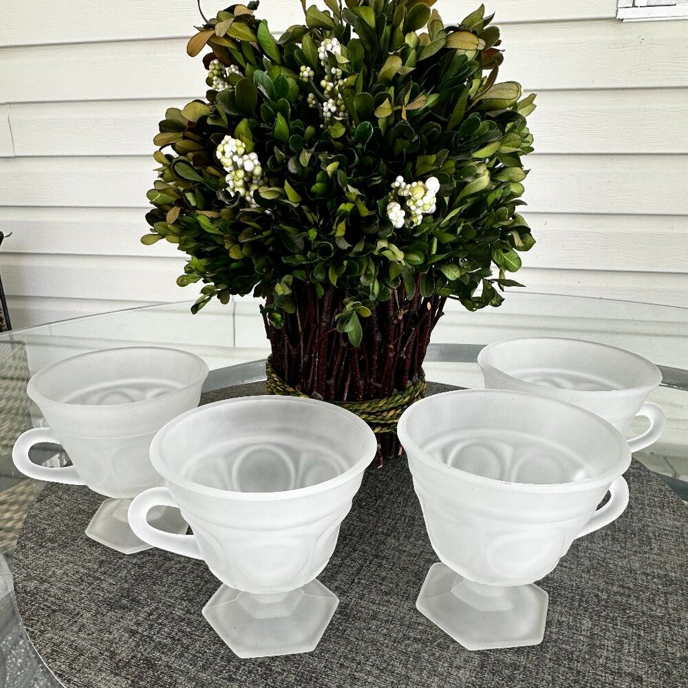 Vintage Tiara Provincial Frosted Glass Punch Cups, Indiana Glass Footed 6oz Cups